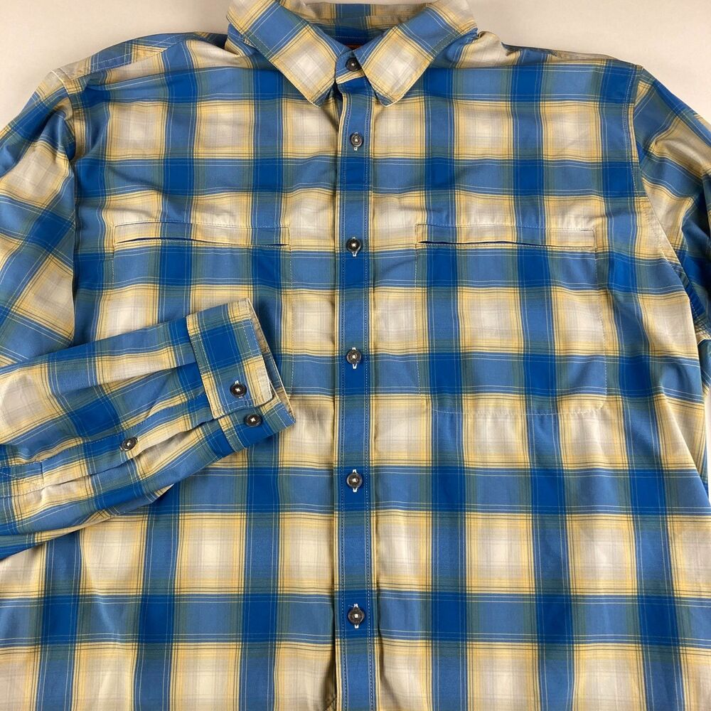 Orvis Active Fit Shirt Mens XL Blue Yellow Plaid Long Sleeve Stretch Outdoor